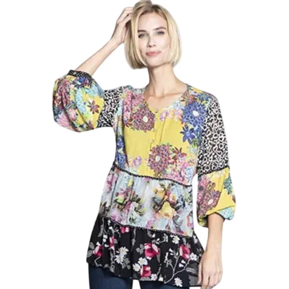 John Mark media tunic yellow floral yoke paired with tiered floral animal print